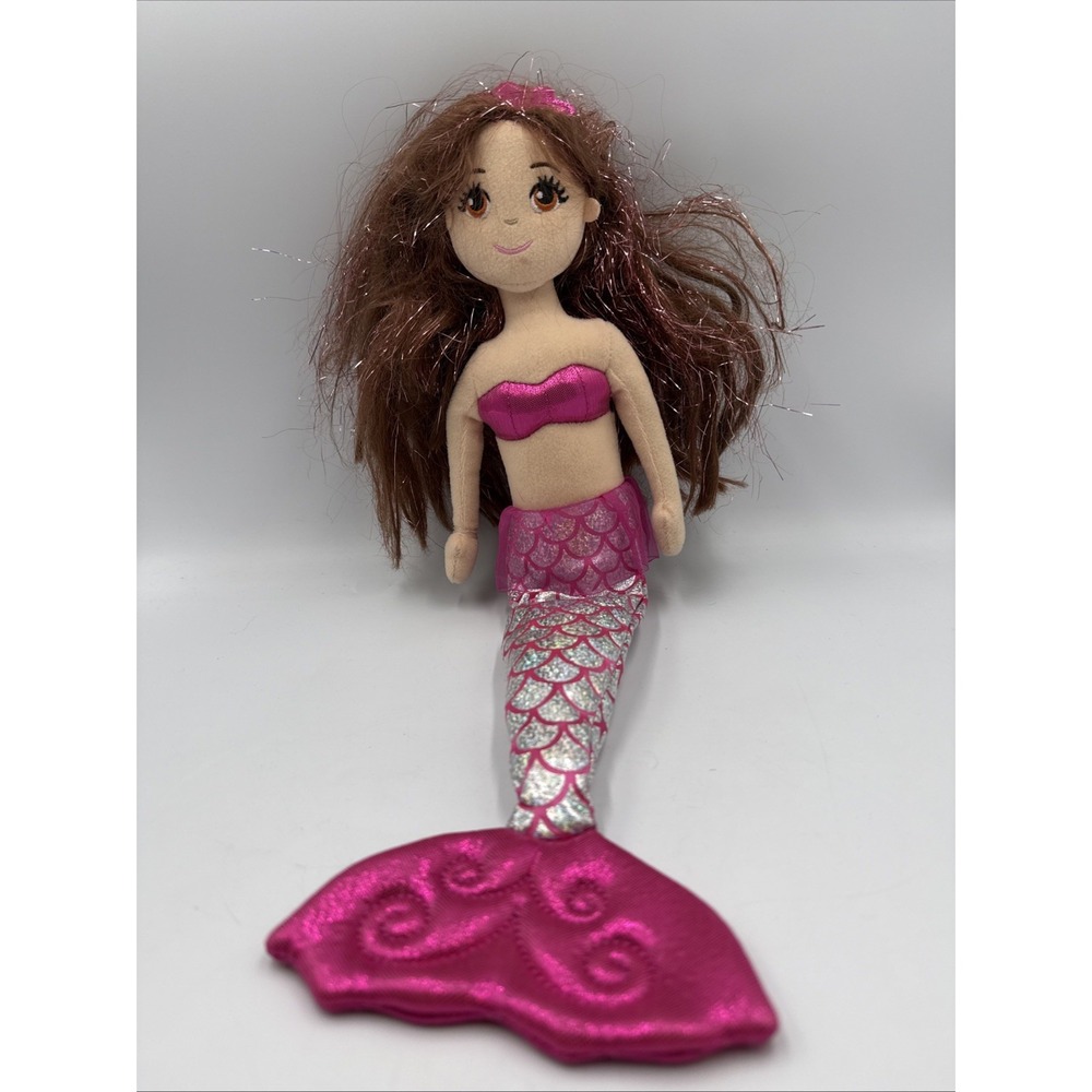 Aurora Mermaid Sea Sparkles Stuffed Plush Doll Pink glitter Brown Hair